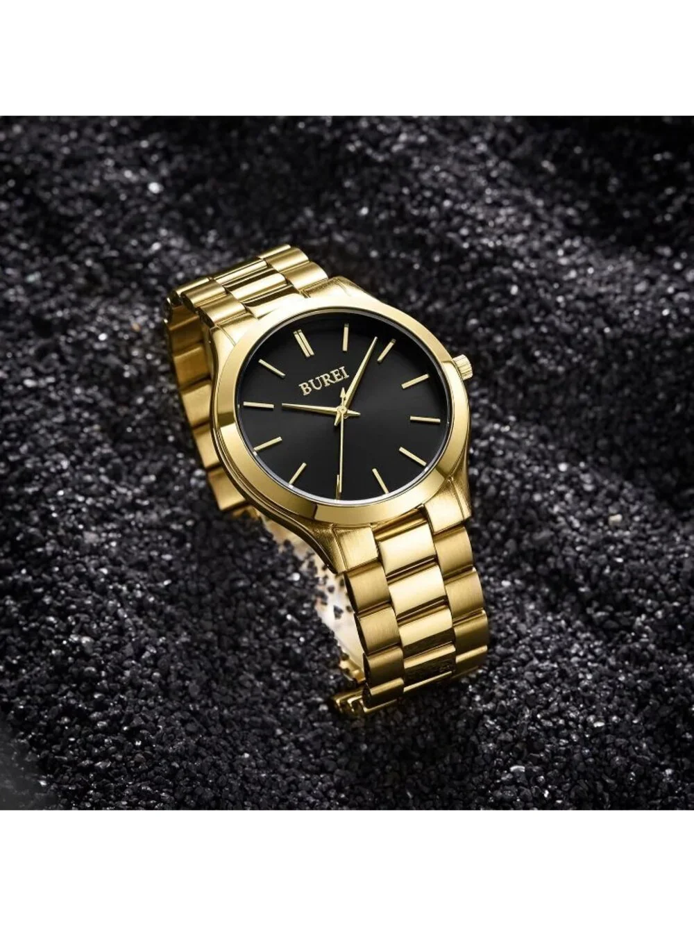Men's Gold Black Analog Quartz Stainless Steel Waterproof Round Luxury Watch